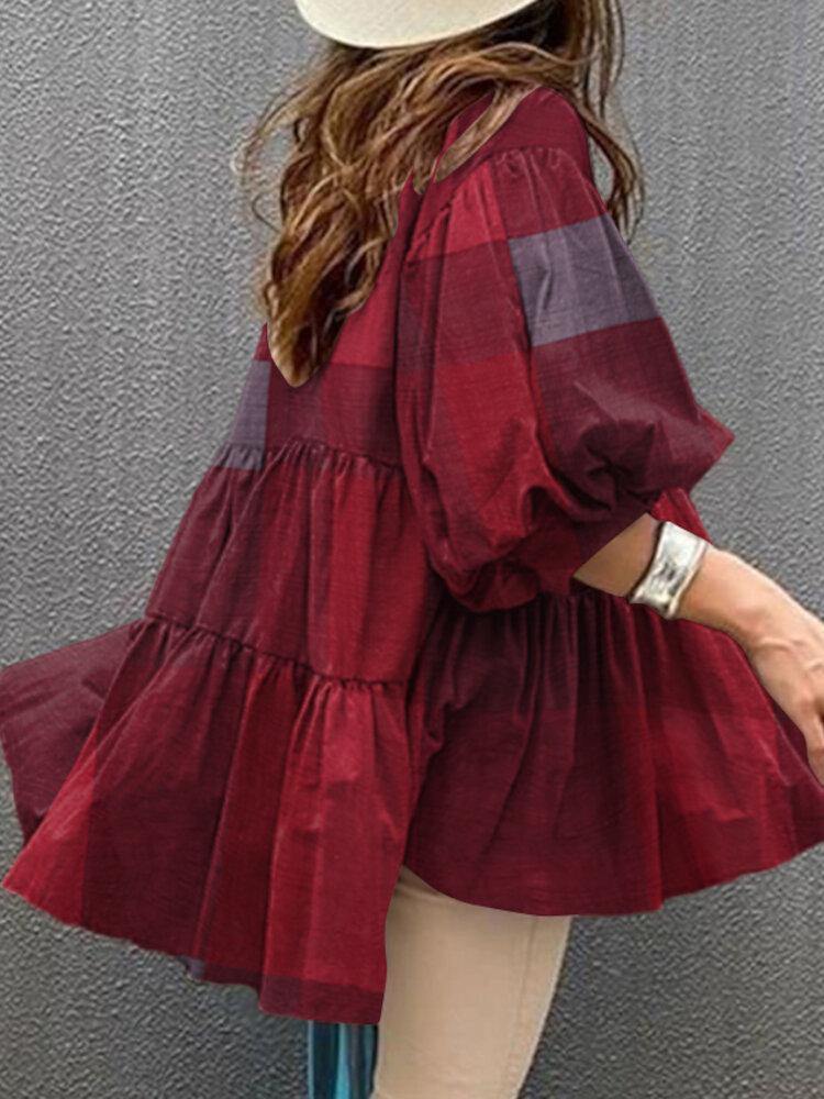 Women Plaid Button Up Ruffle Half Sleeve Loose Casual Blouses - Trendha