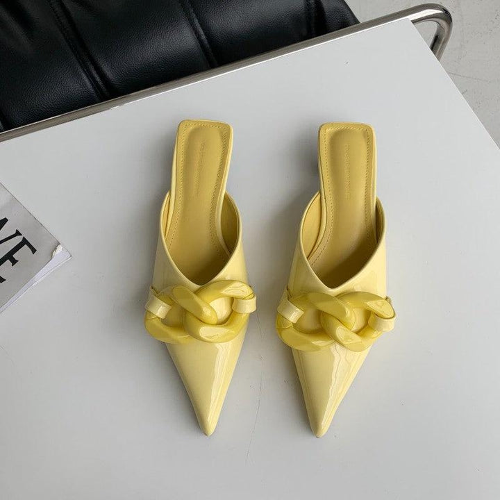 Fashion Candy Color Chain Pointed Toe Low Heel Baotou Half Slippers Women - Trendha