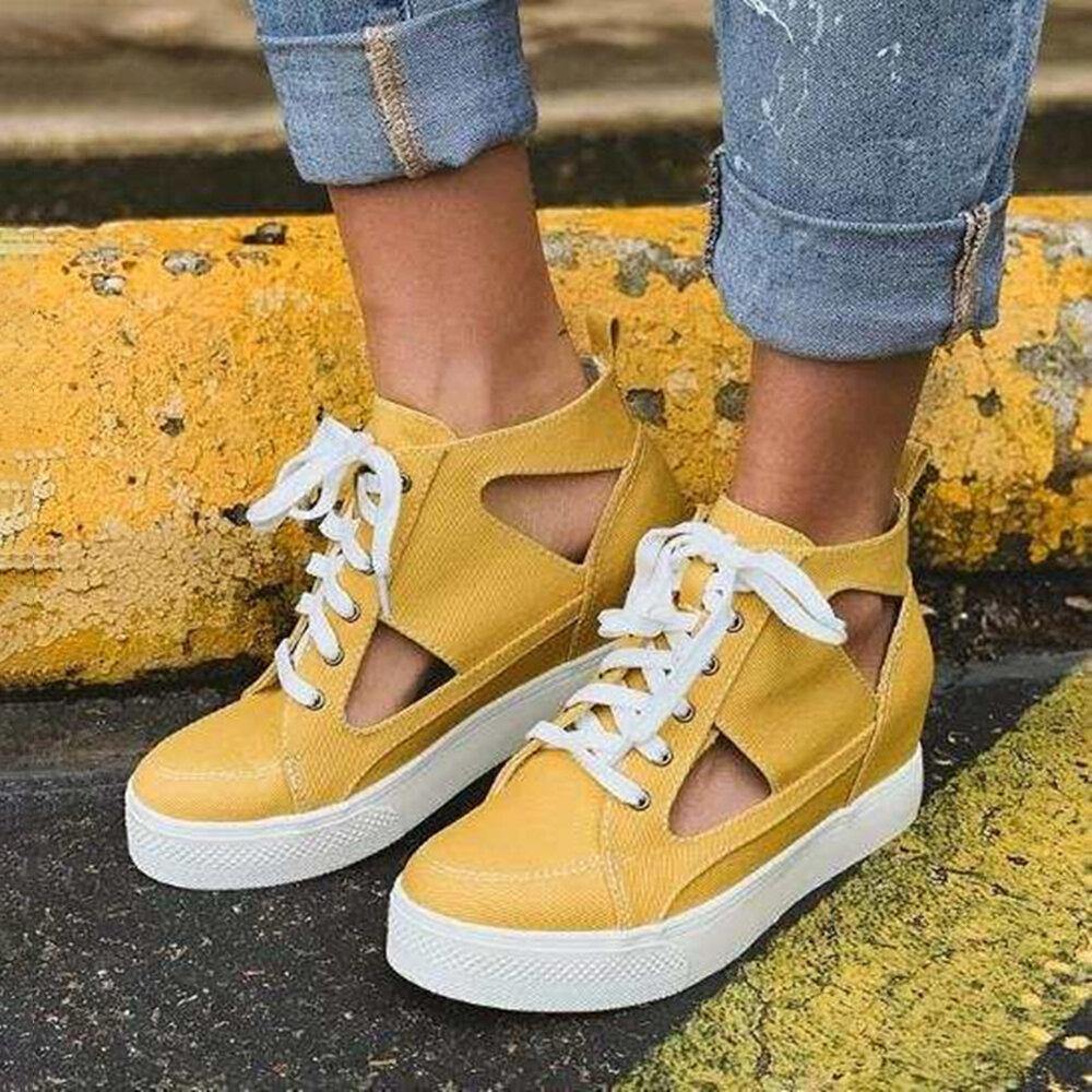 Women Canvas Cut Out Wearable Hidden Increase Casual Flat Shoes - Trendha