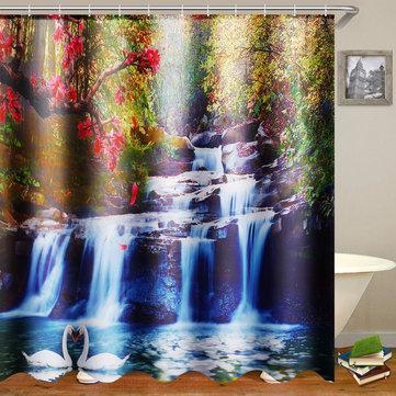 180x180cm Swans Flowers Cascade Waterproof Shower Curtain with 12pcs C-type Hooks Bathroom Set - Trendha