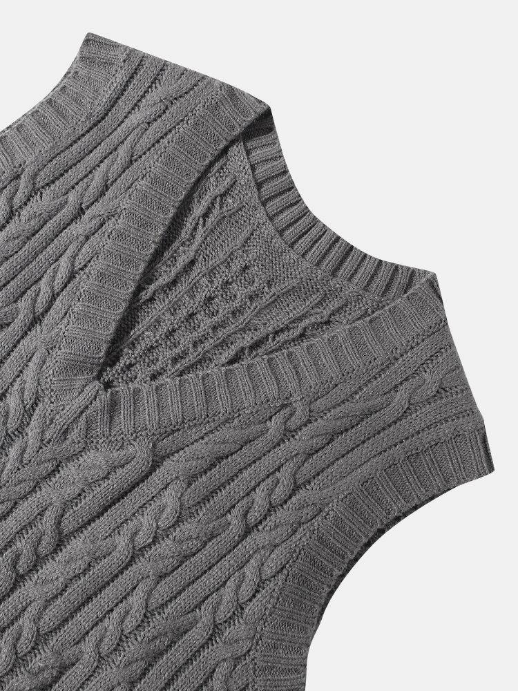 Mens Cable Knit V-Neck Solid Color Casual Sleevless Vests - Trendha