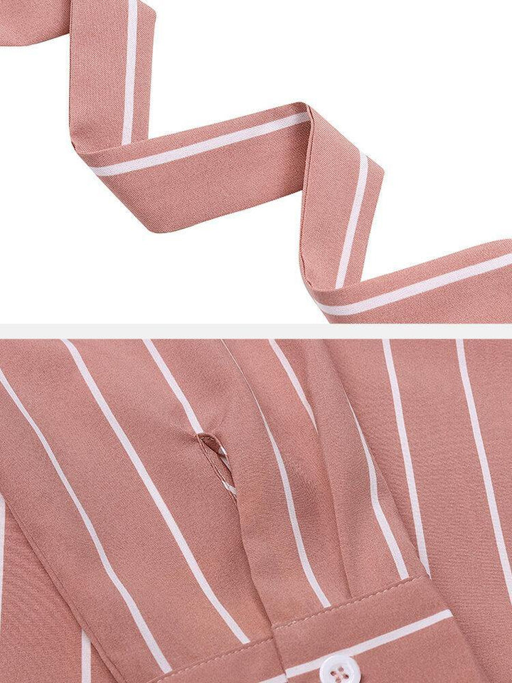 Women Striped Irregular Wrap Tie Side Stylish Long Sleeve Midi Dresses - Trendha