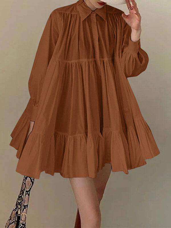 Casual Solid Color Lapel Long Sleeve Pleated Patchwork Shirt Dress - Trendha