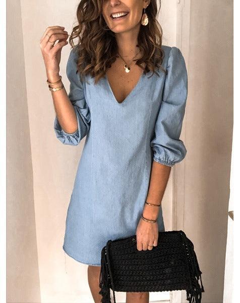V-neck Short-sleeved Casual Loose Cotton And Linen Dress - Trendha