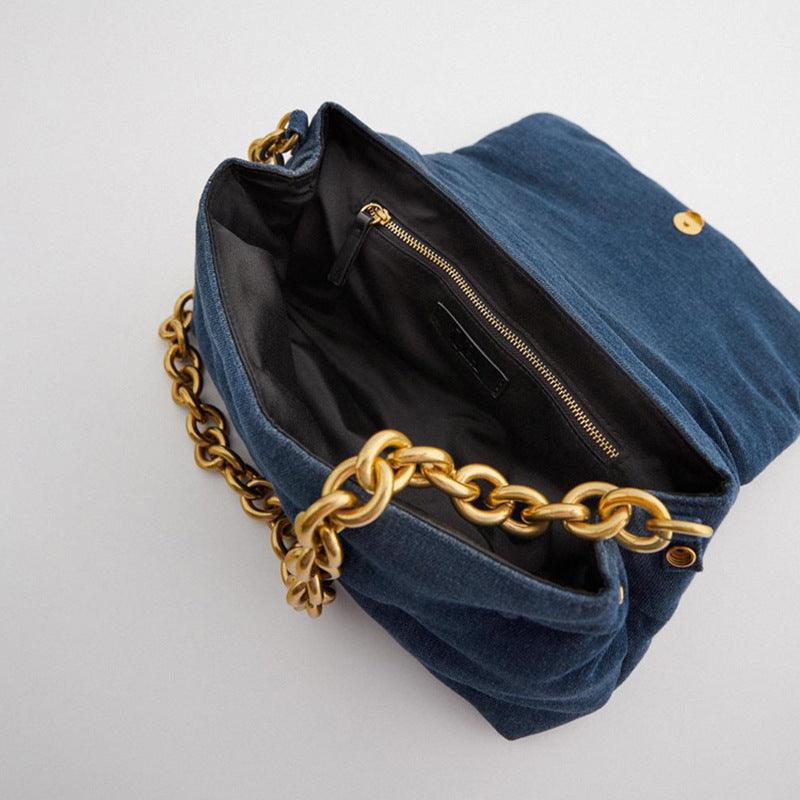 Blue oversized denim quilted shoulder messenger bag chain bag - Trendha