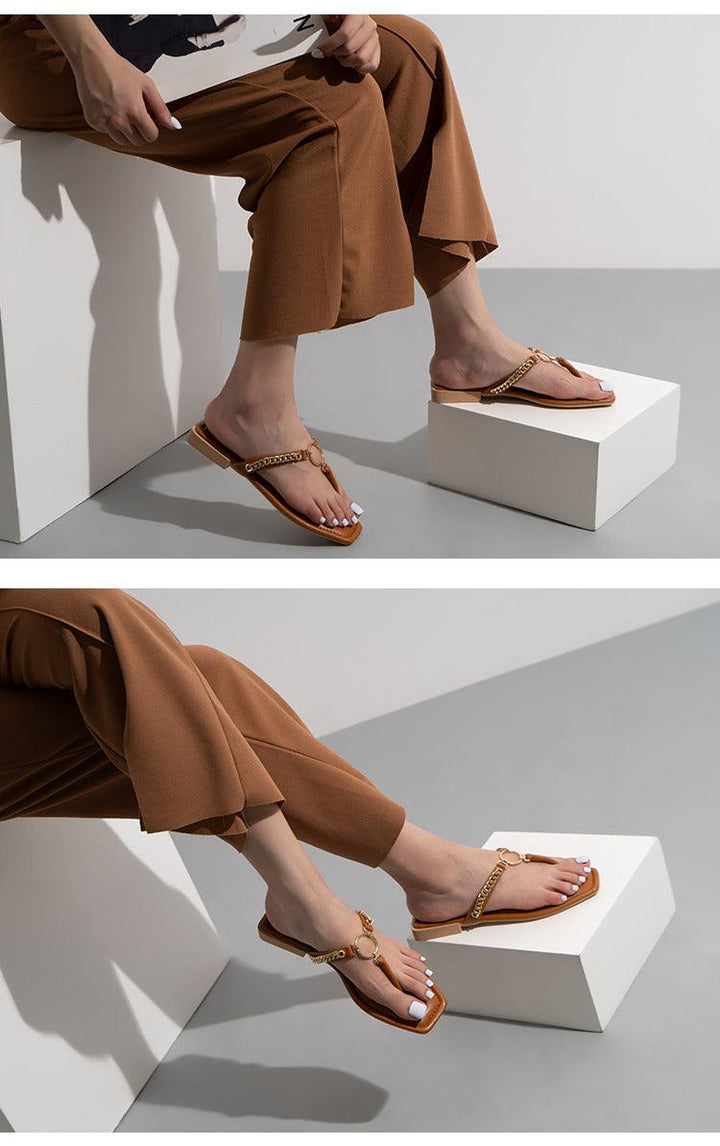 Fashion Chain Round Buckle Flip Flops Womens Low Heels Sandals - Trendha