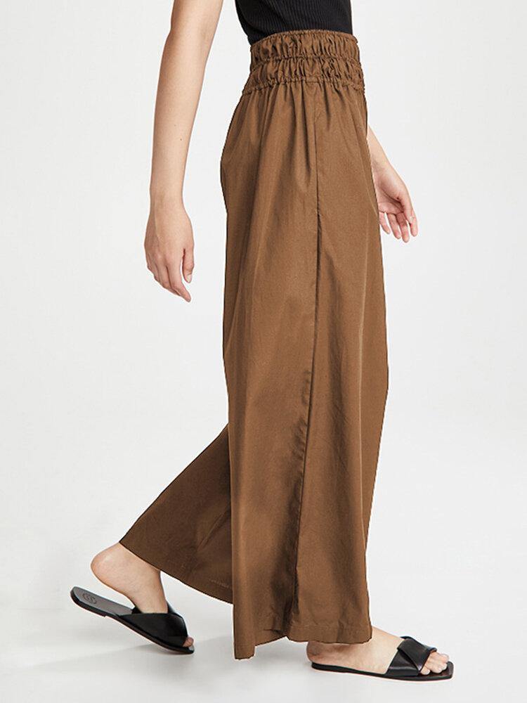 Women Cotton Elastic Waist Side Pockets Solid Casual Wide Leg Pants - Trendha
