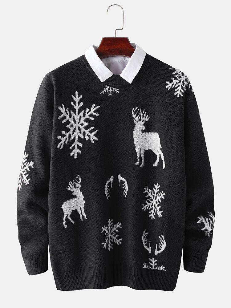 Mens Christmas Elk & Snowflake Graphics Knitting Long Sleeve Sweaters - Trendha