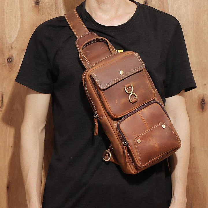 Men Genuine Leather Cowhide Retro Fashion Chest Bag Crossbody Bag Sling Bag - Trendha
