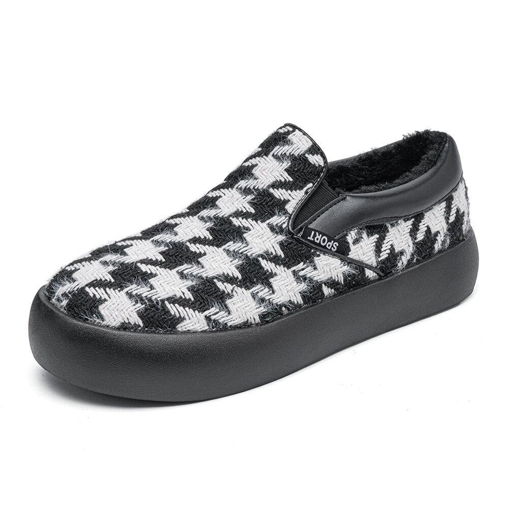 Women Brief Houndstooth Elastic Band Warm Lining Walking Shoes - Trendha