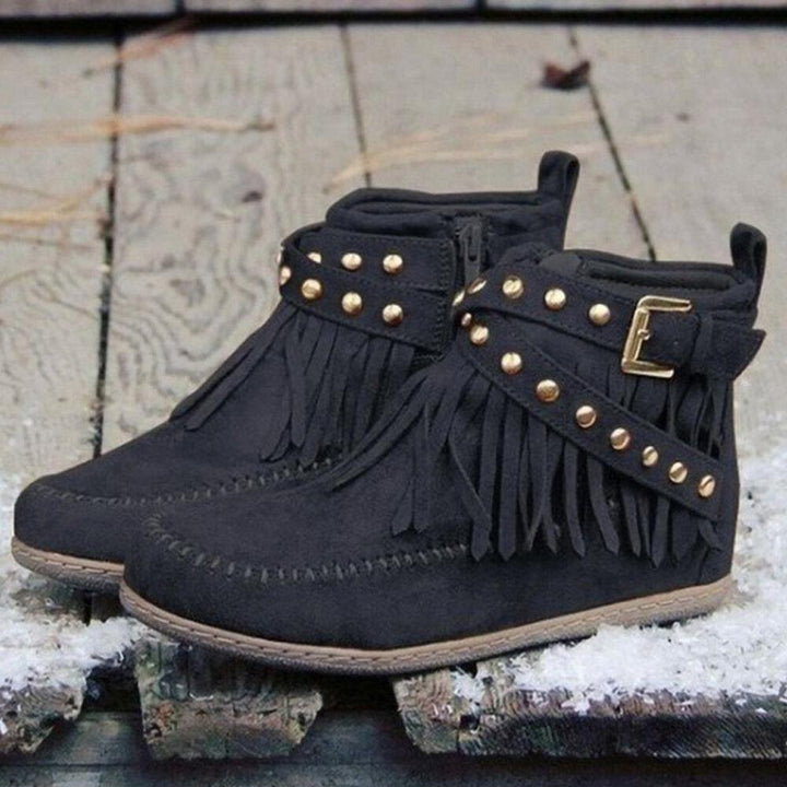 Stylish Women's Suede Ankle Boots with Tassel & Metal Buckle - Large Sizes Available - Trendha