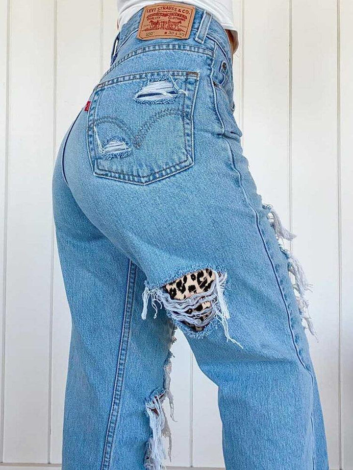 Women Ripped Leopard Frayed Distressed Rigid Mid Waist Casual Jeans - Trendha