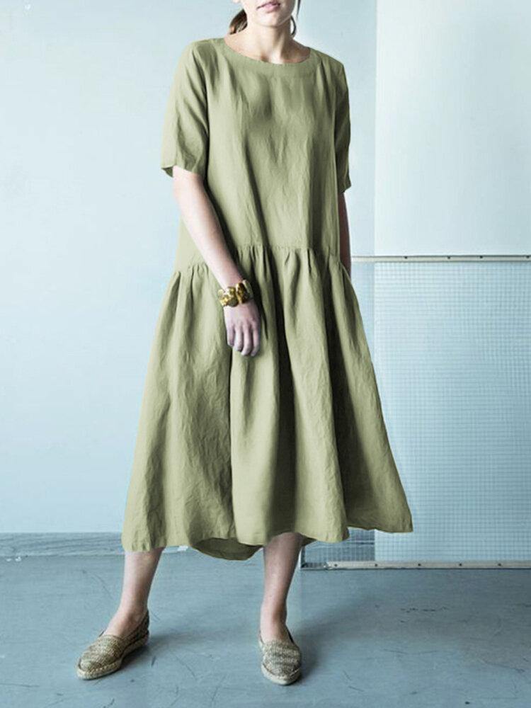 Half Sleeve O-neck Stitching Cotton Women Casual Plain Midi Dress - Trendha