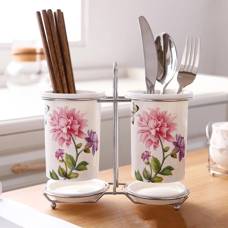 Ceramic Floral Pattern Kitchen Storage Rack - Trendha