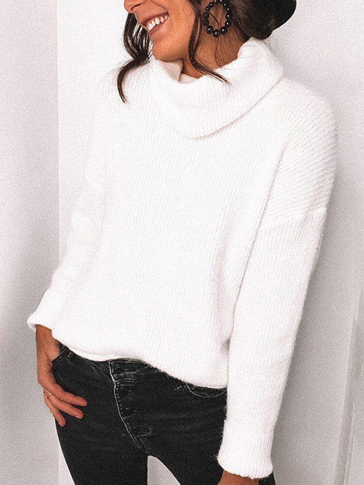 Women Solid Color Ribbed Knit High Neck Simple Long Sleeve Sweaters - Trendha