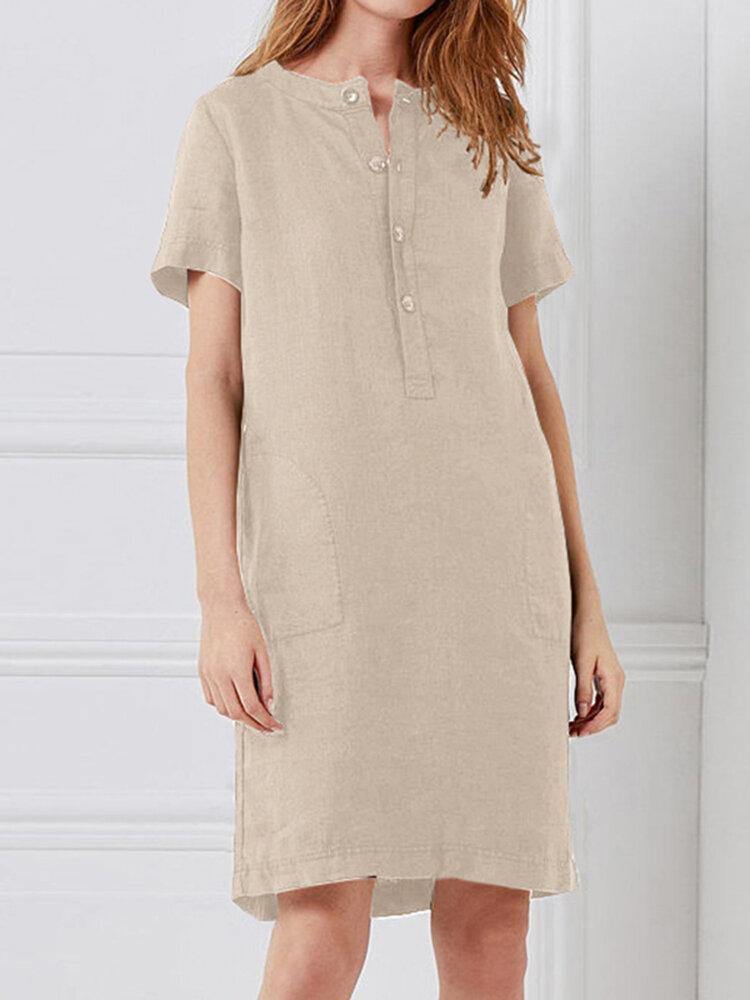 100% Cotton Women Loose Linen Round Neck Short Sleeve Button Dress with Pocket - Trendha