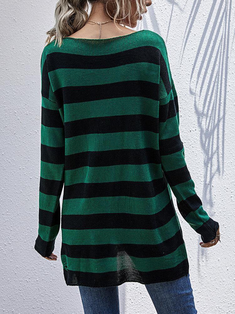 Women Striped Long Sleeve V-Neck Knitted Sweaters - Trendha