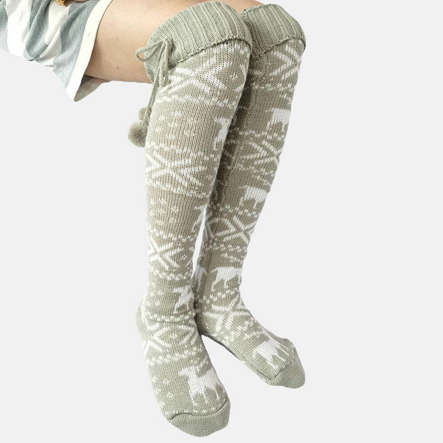 Women Cotton Christmas Festive Elk Pattern Warm Leggings Over Knee Stockings With Fluff - Trendha