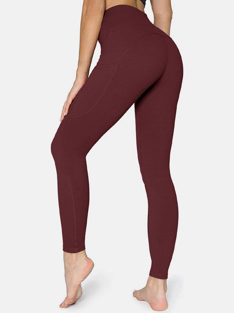 Women Solid Color Side Pocket Hip Lift Sport Yoga Legging - Trendha